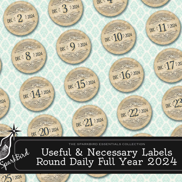 Useful Vintage Labels Month and Day for the Full Year 2024. Instant Download printables for planners, journals, ephemera & scrapbooking