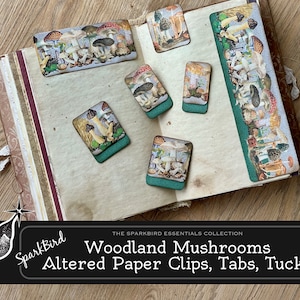 Clips y pestañas de papel alterados de hongos del bosque para diarios y planificadores. Punto de pliegue extraíble. Recorta Ephemera y encanta tus pliegos de diario