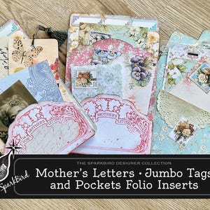 Cartas de madre en estilo shabby chic, bolsillo y etiqueta grande desplegable para diarios basura, folio con sobres, material efímero, bricolaje, imprimible, estilo vintage