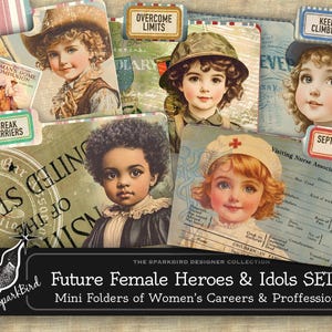 Vintage Mädchen Karriere Mini-Dateiordner SET 1, Monat der Frauengeschichte, Bevollmächtigung von Junk Journal Ephemera, Retro professionelle Frauen Printables