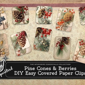 May include: A collection of rectangular paper clips featuring vintage illustrations of pine cones and berries. The clips showcase various designs with detailed botanical artwork in shades of brown, green, and red. Text on the image reads "Pine Cones & Berries DIY Easy Covered Paper Clips."