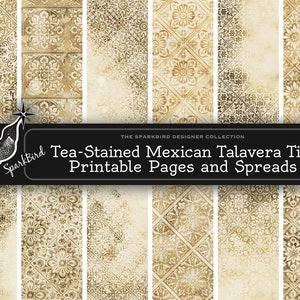 Disegni classici delle piastrelle Talavera come stampabili vintage macchiati di tè e tinti al caffè per diari, oggetti effimeri, sfondi collage, progetti fai da te, cartoline