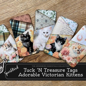 Adorables étiquettes pour chats avec des poches pour journaux indésirables, journal en papier plié facile à faire soi-même et étiquettes-cadeaux avec des poches pour ranger des papiers éphémères ou des cartes-cadeaux