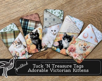 Cute Kitten Cat Tags with Pockets for Junk Journals, Easy DIY folded paper journal & gift tags with pockets to hold ephemera or gift cards
