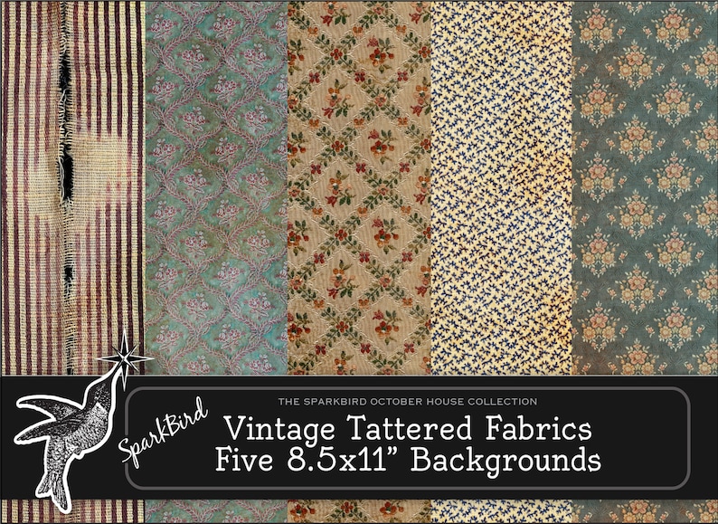 May include: Five vintage patterned fabric backgrounds, each measuring 8.5 x 11 inches. The patterns include stripes, floral designs, and a paisley-like pattern. The fabrics have a distressed, vintage look.