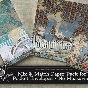 Op de afbeelding: Een set met gepatroneerd papier voor het maken van zakjes. Het papier heeft een blauw en oranje geometrisch patroon, een blauw en wit bloemenpatroon en een blauw en wit gestreept patroon. Het papier is gelabeld met "Mix & Match Paper Pack for Pocket Envelopes - No Measuring!"