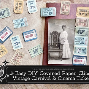 Biglietti per Carnevale e film, graffette e linguette coperte e Tuck Spot. Per GRANDI graffette. Facile progetto fai-da-te vintage diario spazzatura effimero