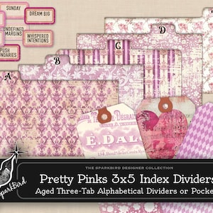 Może przedstawiać: Ładne różowe przegrody indeksu z trzema zakładkami, z wzorami kwiatowymi, paskami i damaszkowymi. Zawiera ozdobne etykiety z tekstami takimi jak "Dream Big" i "Future Goals". Część kolekcji SparkBird Designer.