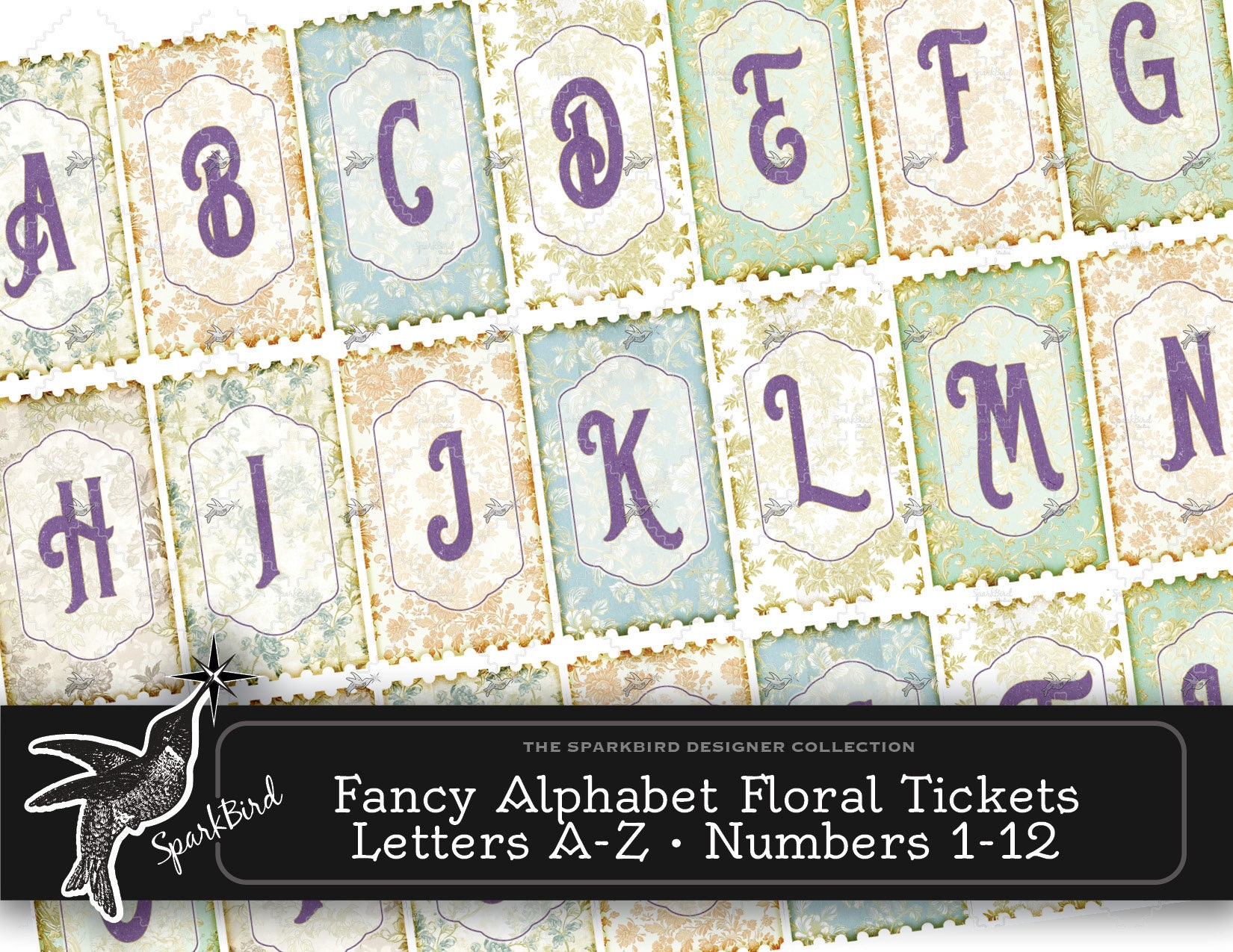 Fancy Alphabet Ticket or Label Set, Letters A-Z and Numbers 1-12 Adged ...