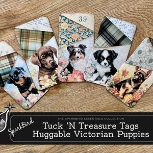 Étiquettes de poche en papier chiot mignon pour journaux indésirables. Journal/étiquettes cadeaux en papier plié facile à faire soi-même avec plusieurs poches pour contenir des trésors et des documents éphémères