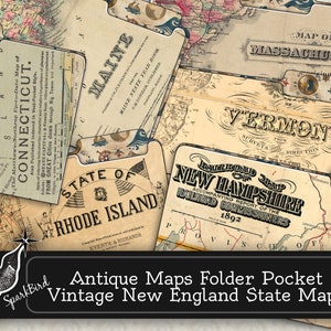 Antike Karten Ordner Kit für New England Staaten, digitale Scrapbook Journal Tasche, druckbare antike Abenteuer Reise Ephemera