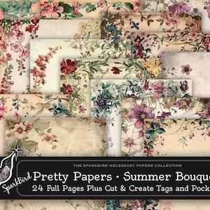 Hermosos bordes florales de papel para imprimir, páginas de letras con bordes vintage envejecidos para hermosos diarios y material efímero, además de bolsillos con etiquetas para cortar y crear