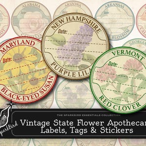 50 fleurs des États-Unis, étiquettes rondes de style apothicaire, autocollants de voyage botaniques vintage, étiquette de pot d'herbes herbier, téléchargement immédiat