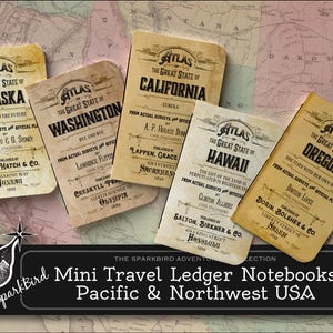 Diário de viagem com capas de mapas antigos dos estados do Pacífico dos EUA, caderno de aventuras DIY FÁCIL, Califórnia, Havaí, Alasca, Oregon, Washington