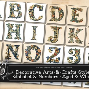 Alfabeto y números decorativos de estilo Arts and Crafts, hermosas letras envejecidas y brillantes de la A a la Z, números del 0 al 9, ideales para collage y técnicas mixtas