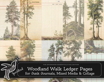 May include: A set of 10 digital printable pages featuring woodland scenes with trees, foliage, and grid paper backgrounds. The pages are titled "Woodland Walk Ledger Pages for Junk Journals, Mixed Media & Collage".