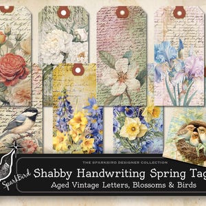 Etiquetas de recuerdo imprimibles con letras manuscritas vintage y flores de primavera, descarga instantánea para diario basura.