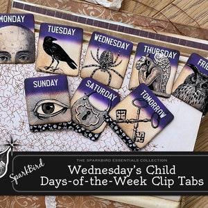 May include: Set of seven purple and black clip tabs with vintage illustrations and the days of the week written on them. The tabs are part of the SparkBird Essentials Collection and are called "Wednesday's Child Days-of-the-Week Clip Tabs".