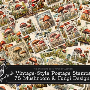Timbres-poste imprimables de style vintage, 78 motifs joyeux de champignons et de champignons pour embellir vos journaux, cartes et pages de scrapbooking