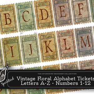 Alfabet Ticket Tag Label Set, Letters A-Z en cijfers 1-12 met maanden, Versleten vintage chintz en calico prints