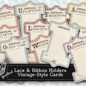 Etiquettes pour cartes porte-cartes vintage dentelle aux fuseaux et ruban. Des couleurs multicolores avec des affirmations édifiantes pour vos projets de journaux indésirables. Impression instantanée DIY