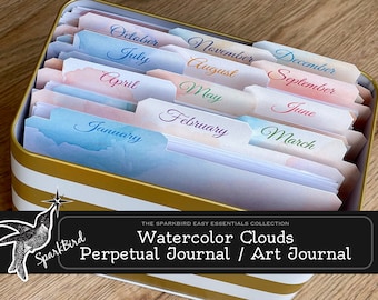 Watercolor Perpetual Journal Index Card System, Daily Art Journal with decorative dividers and tabs. Lazy Journal to easily record everyday