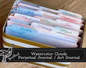 Watercolor Perpetual Journal Index Card System, Daily Art Journal with decorative dividers and tabs. Lazy Journal to easily record everyday