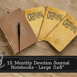 Monthly Devotion Notebook Journals and Planners with a vintage vibe, January through December Easy DIY Beginner Project. Perfect bible gifts