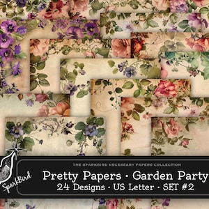 Papeles imprimibles con bonitos bordes florales, tamaño carta, hermosas rosas vintage grunge, violetas y peonías para páginas de diario y efímeras, juego n.° 2