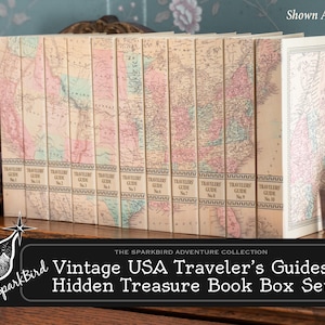 Coffret au trésor vintage avec cartes des États-Unis qui révèle tous les États-Unis lorsqu'ils sont réunis sur une étagère. Un faux livre DIY pour garder vos souvenirs, photos et mots de passe en sécurité.