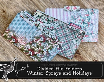 Vintage Winter Floral File Folder Pocket Inserts for Notebooks, Junk Journals and Scrapbooks. Divided with tabs Flower Stripes & Plaid