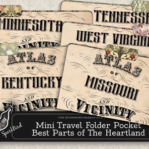 Heartland USA のヴィンテージ ファイル フォルダー キット、デジタル スクラップブック アトラス カバー ジャーナル、壁紙付き印刷可能なアンティーク旅行エフェメラ