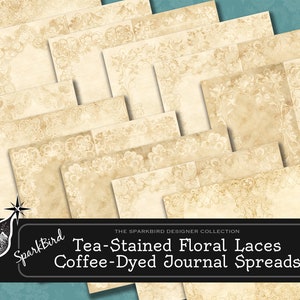 Diario spazzatura vintage stampabile macchiato di tè e tinto con caffè Diffusione di pagine floreali e pizzo perfette per spread, effimeri, sfondi e tag. Insieme1