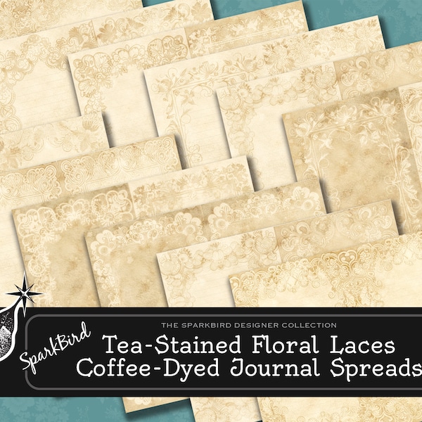 Printable Vintage Tea-Stained, Coffee-Dyed Junk Journal Page Spreads Floral and Lace perfect for spreads, ephemera, backgrounds & tags. Set1