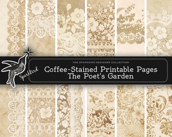 Tea-Stained, Coffee-Dyed Printable Floral Lace Pages for junk journal pages, spreads and ephemera, backgrounds & tags