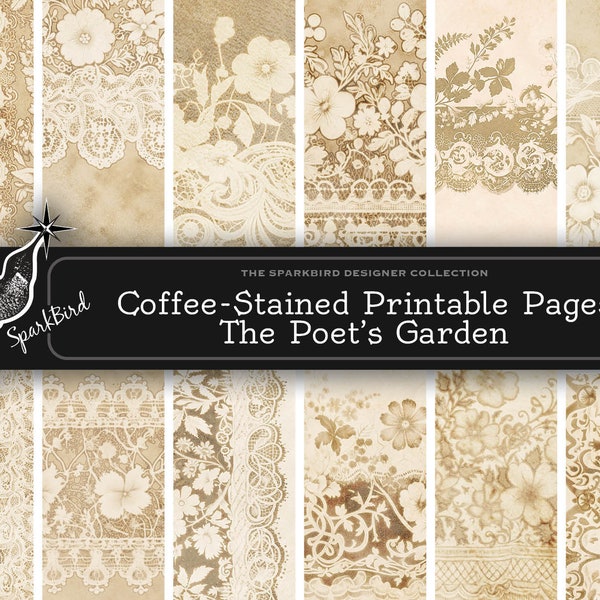 Tea-Stained, Coffee-Dyed Printable Floral Lace Pages for junk journal pages, spreads and ephemera, backgrounds & tags
