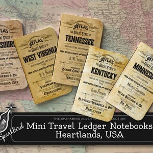 Vintage reisdagboek kaart Atlas of USA States, EASY DIY Mini Pocket Notebook, Minnesota, Tennessee, Kentucky, Missouri, W. Virginia,