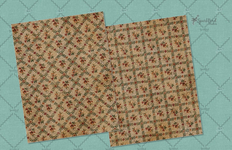 May include: Two digital paper patterns featuring a vintage floral design on a beige background. One pattern has a diagonal grid and the other has a horizontal and vertical grid.