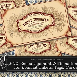 Étiquettes imprimables d'encouragements et d'affirmations hebdomadaires pour des journaux éphémères, des pochettes, des collages, des étiquettes, des cartes de vœux et des cartes postales