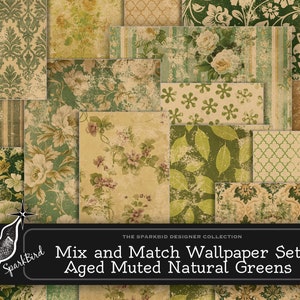 Könnte beinhalten: Eine digitale Collage aus 12 Vintage-Tapetenmustern in gedeckten Grüntönen. Die Muster umfassen florale, geometrische und Blattdesigns. Der Text "Mix and Match Wallpaper Set Aged Muted Natural Greens" befindet sich am unteren Rand des Bildes.