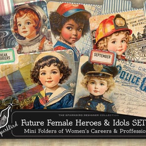 Vintage Mädchen Karriere Mini-Dateiordner SET 2, Monat der Frauengeschichte, Bevollmächtigung von Junk Journal Ephemera, Retro professionelle Frauen Printables