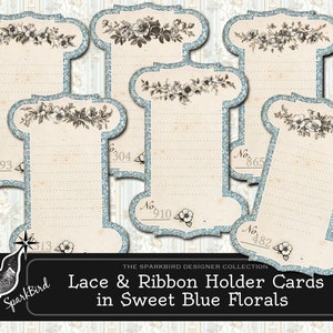 Carretéis de renda estilo vintage azul e cartões ou etiquetas de suporte de fita. Complemento de lixo eletrônico de um ou dois lados, impressão instantânea DIY