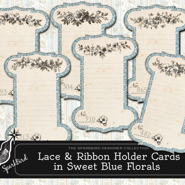 Blue Vintage Style Lace Spools & Ribbon Holder Cards or Tags. One or Two Sided Junk Journal Add-on, Instant Print DIY