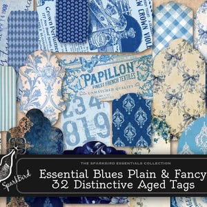 Una variedad de etiquetas digitales azules imprimibles con 32 diseños únicos en patrones vintage envejecidos, descarga instantánea para sus proyectos de collage de diario