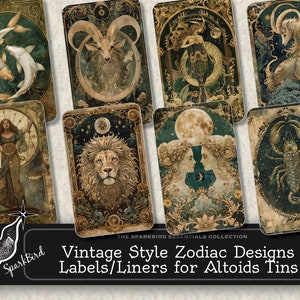 Vintage Style druckbare Sternzeichen Kunstwerk Altoid Candy Dosendeckel und Einsätze.12 Designs & 4 passende Einsätze. Sofortiger digitaler Download