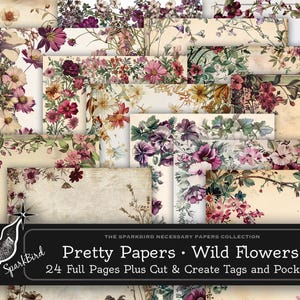 Bonitos papeles imprimibles con bordes de flores silvestres, páginas de letras con bordes vintage envejecidos para hermosos diarios, efímeras y bolsillos para etiquetas para cortar y crear