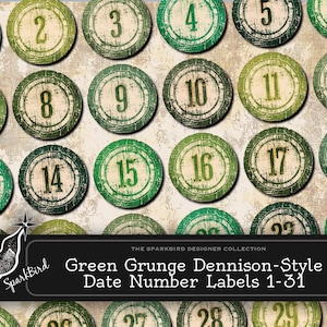May include: Green grunge style date number labels with a distressed look. The numbers 1 through 31 are displayed on individual circles with a green and white color scheme. The labels are perfect for scrapbooking, journaling, and other craft projects.