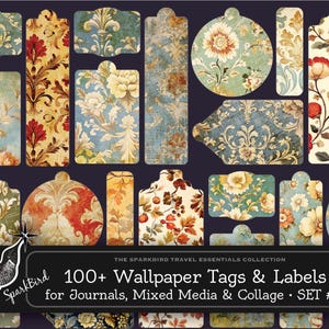 Behangpapier bloemen en damast 100+ vintage stijllabels en -tags, efemere rommeltijdschriften, gemengde techniek, collageprojecten, versieringen