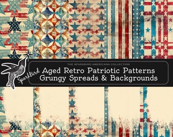 Retro Grungy Stars & Stripes Printable Backgrounds and Spreads for Journal Pages, Stationery, Cards and Scrapbooking. Vintage Red White Blue
