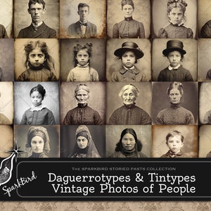 May include: A collection of 36 vintage black and white photographs of people. The photos are arranged in a grid pattern and feature a variety of individuals, including children, adults, and seniors. The photos are all in a similar style, with a faded, antique look. The title "Daguerreotypes & Tintypes Vintage Photos of People" is at the bottom of the image.